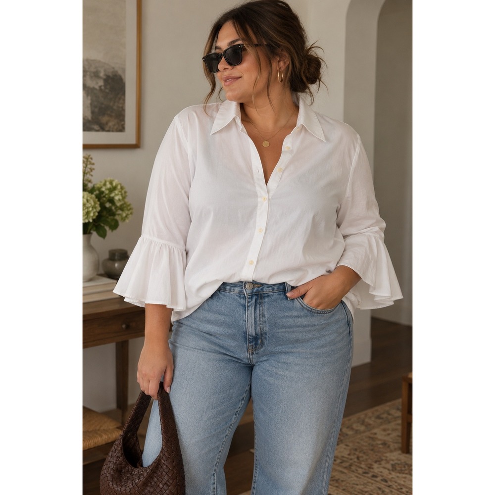 Lauren Ralph Lauren White 100% Cotton Bell Sleeve Button Down Shirt Vintage XL